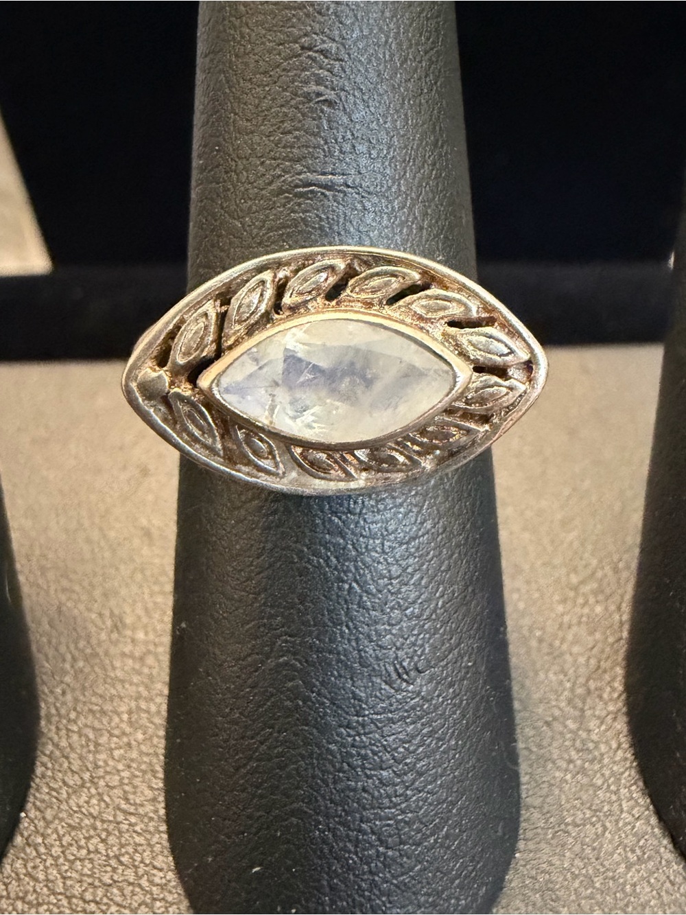 Vintage Marquise Cut Rainbow Moonstone Sterling Silver Ring — Size 7.5